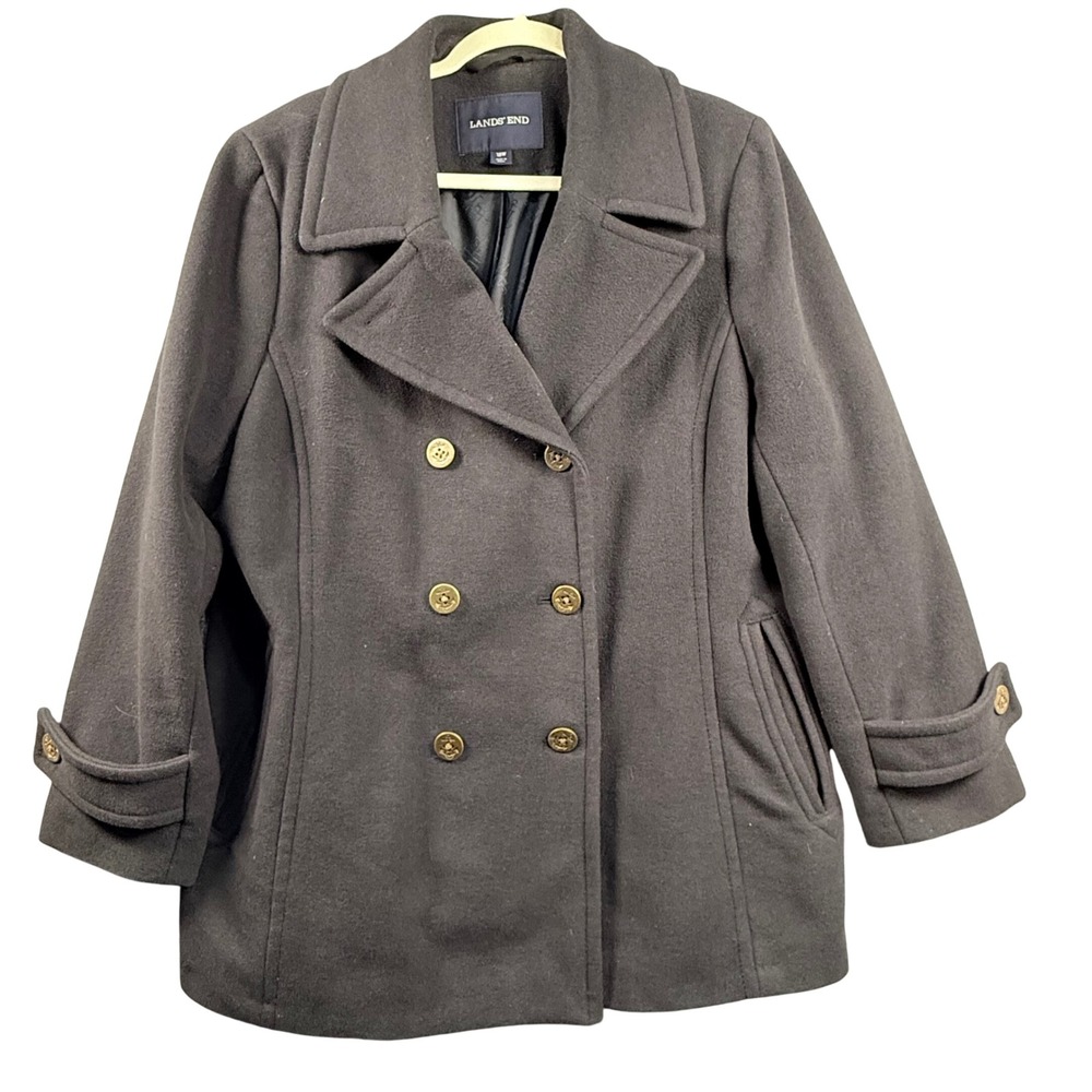 Retro‎ Lands End 18W Luxe Wool Blend Pea Coat Double Breasted Gold Anchor Button